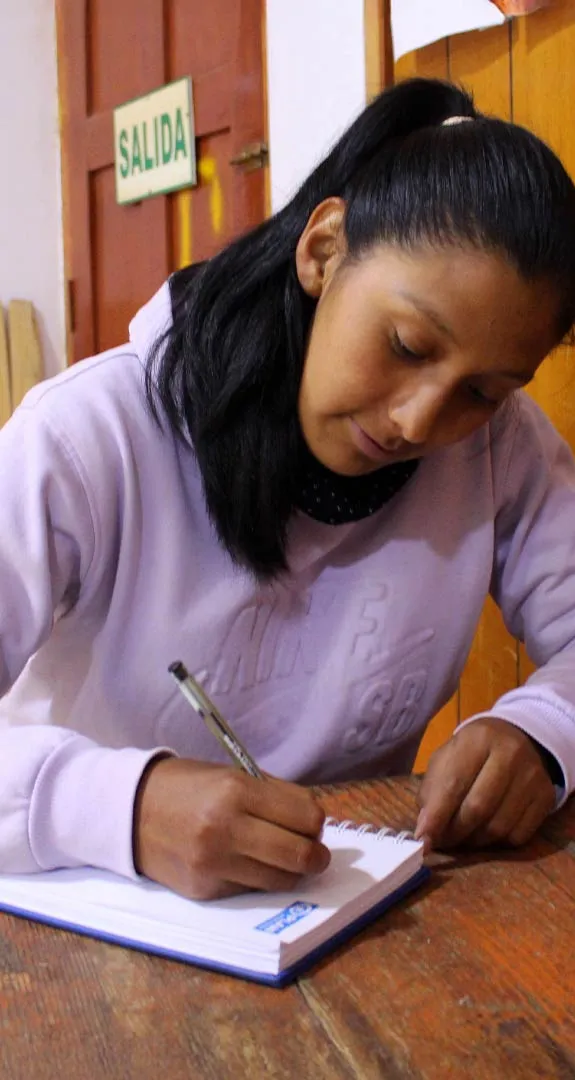 Sonia sat at desk writing in notebook.