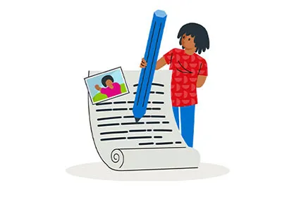 Illustration of person using oversized pencil to write letter